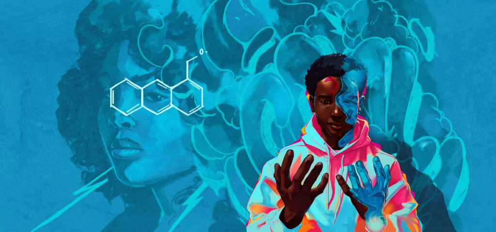 Wrap cover of BOY 2.0 by Tracey Baptiste. Blue background with graffiti image of a Black woman with shoulder-length hair. Puffy letters spell out COAL behind a full color illustration of a very dark-skinned Black boy wearing a hoodie. He's looking at his hands and seems to be disappearing into the background behind him.