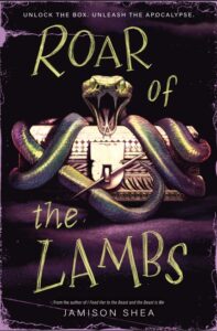 Cover of Roar of the Lambs featuring a green snake wrapped around a gold chest with a lock that has a sharp stake through it. The snake is hissing. The text wraps above and below the image.